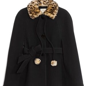kate spade Black Cape with Faux Leopard Fur Collar and Pom-Tie Belt